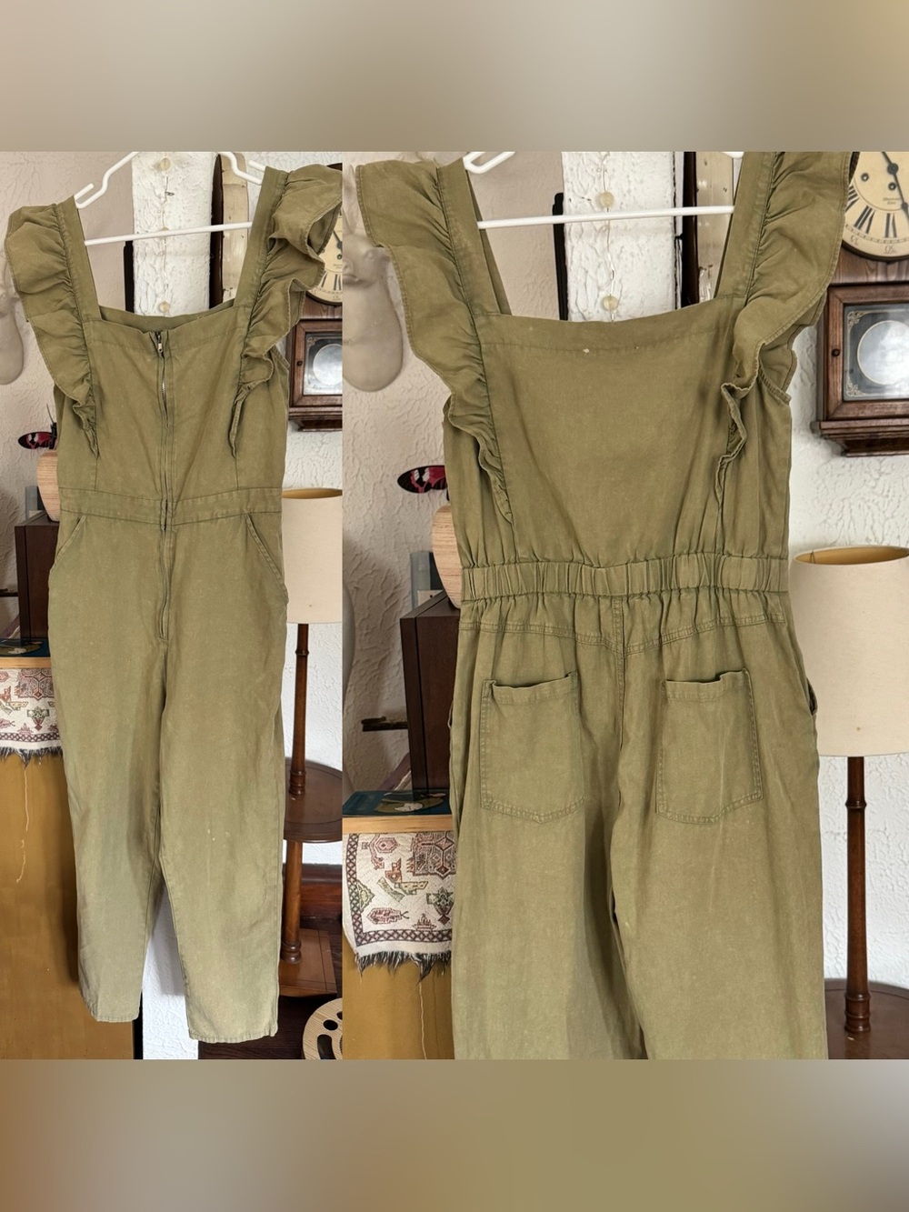 Newbury Kustom Jumpsuit Size Small Square Neck Ruffle Shoulder Denim Green